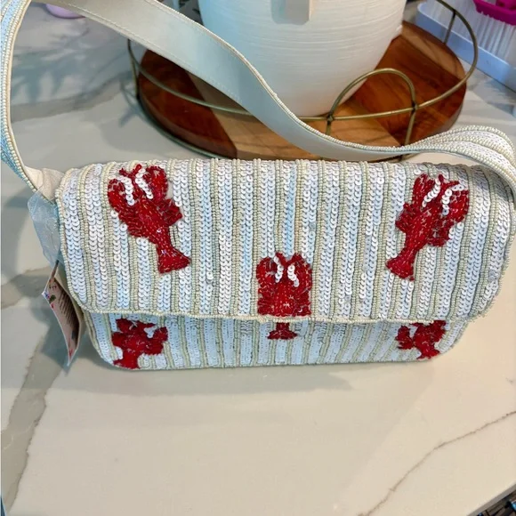 🦞 NWT Made in India White and Red Lobster Sequin Shoulder Bag - Picture 6 of 6